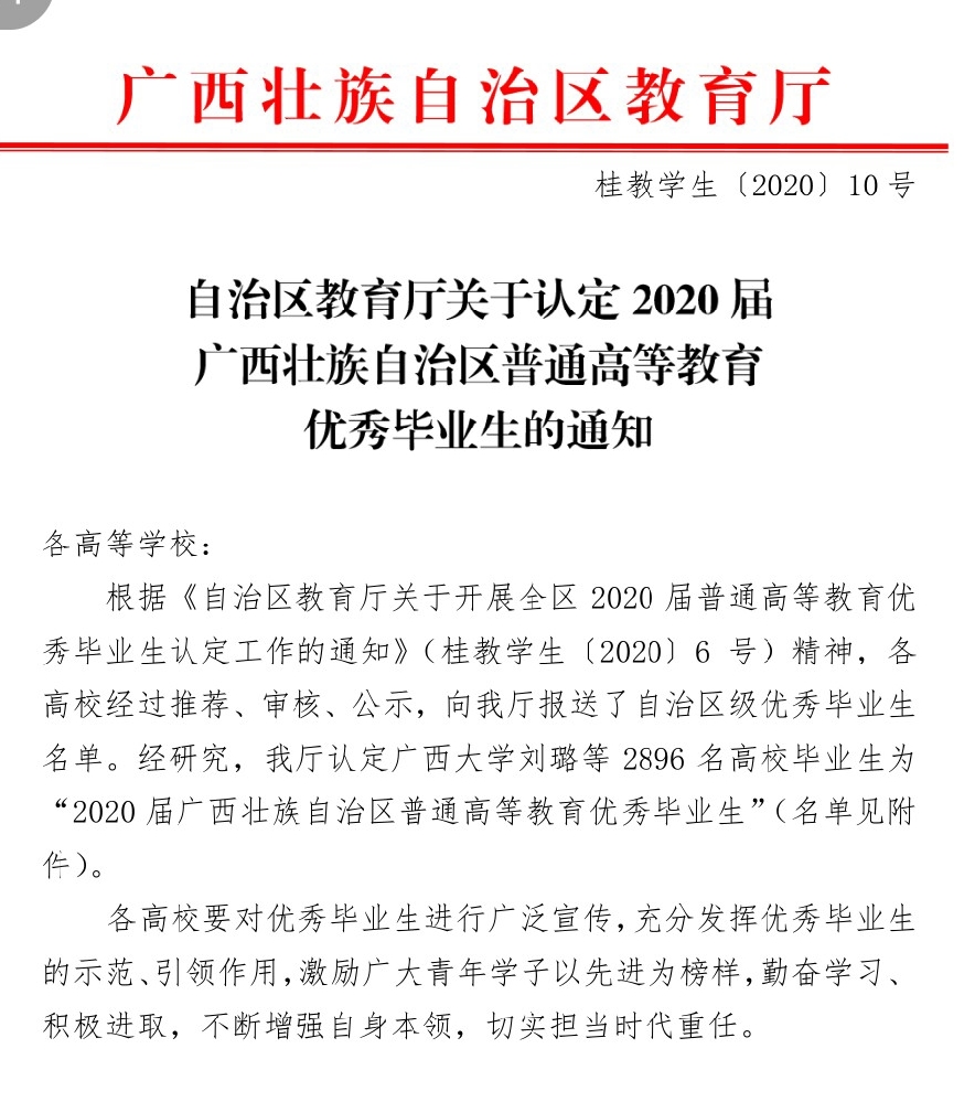 喜讯丨我校2020届50名毕业生获评2020届广西壮族自治区高等教育优秀毕业生